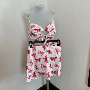 Cotton Candy LA Satin Silky 2 pc Skirt Crop Tie Top Set Butterfly Club Festival